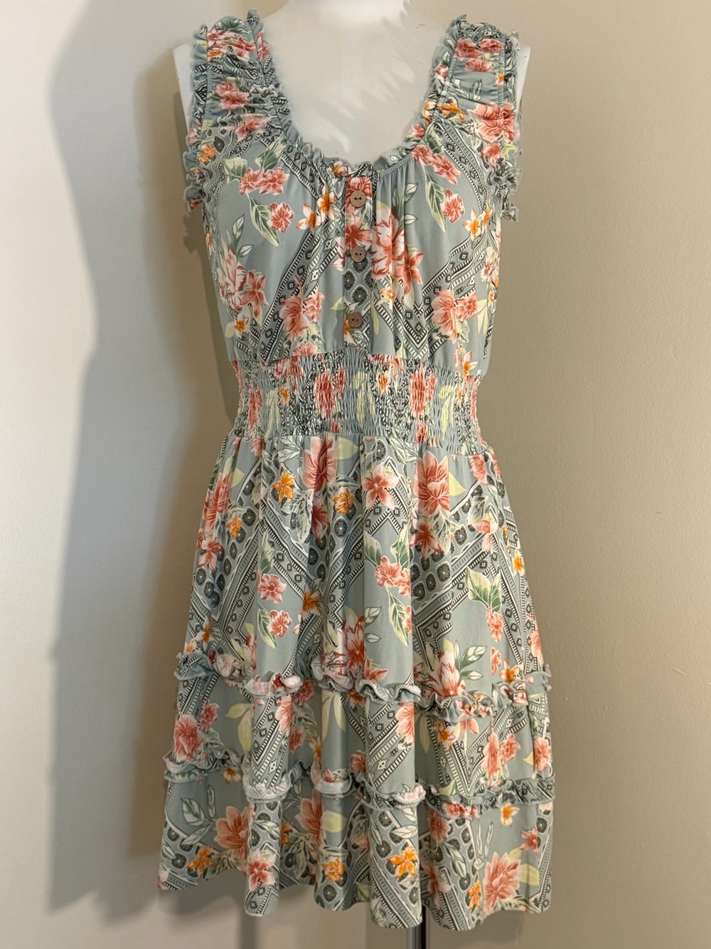 No Boundaries Sage Floral Ruffle Tiered Mini Dress